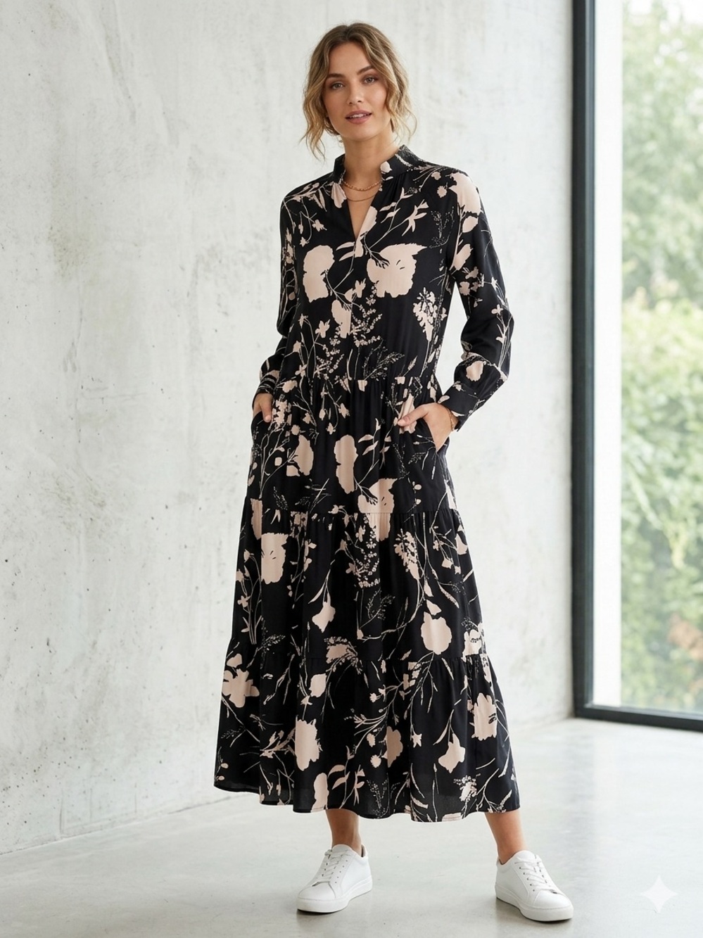 H&M Black Maxi Dress with Blush Floral Print